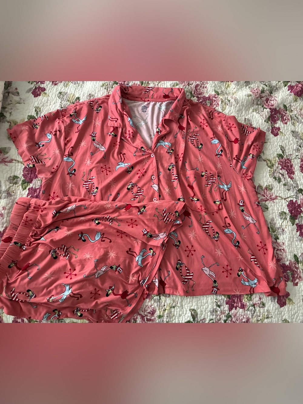 Women's Coral Flamingo-Print Short Sleeve Pajama Set
